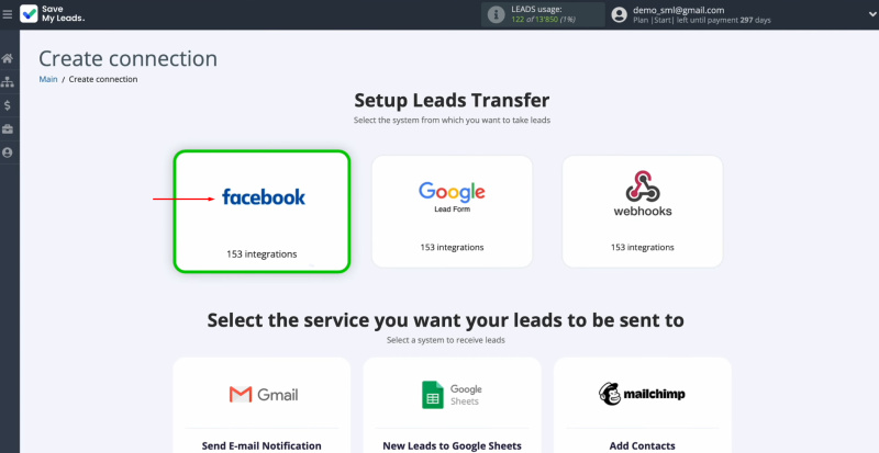 Facebook and Lemlist integration | Select the system from which you want to transfer new data