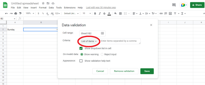 How to Create Drop Down List in Google Sheets | Select the List of items option