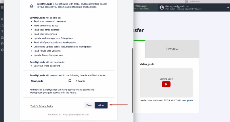 Grant SaveMyLeads permission to work with your Trello account