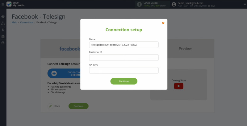 Telesign and Facebook integration | Specify the customer ID and API keys