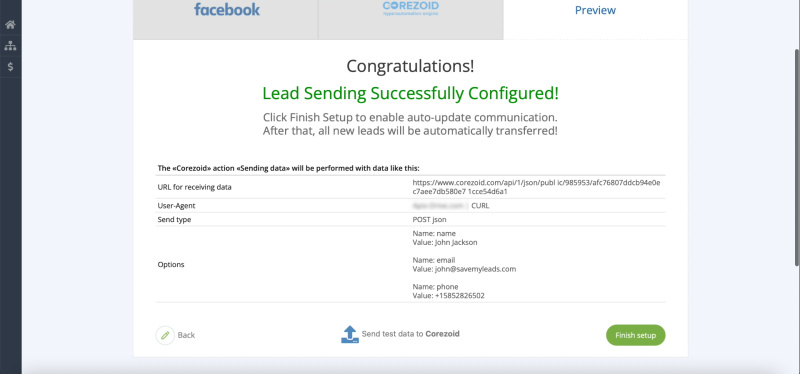 How to set up uploading new leads from a Facebook ad account in Corezoid | Checking the display of test data in SaveMyLeads