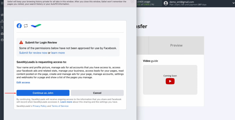 Facebook and Worksection integration | Click “Continue as…”