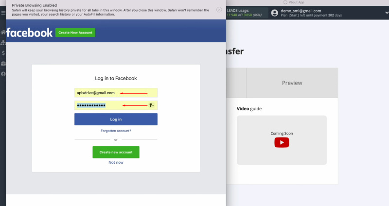 Facebook and Vbout integration | Specify the username and password of your Facebook account