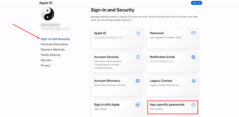 Facebook and iCloud integration | Select "App-specific passwords" section
