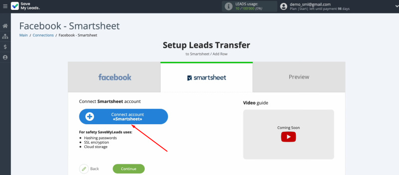 Facebook Lead Ads and Smartsheet integration | Connect account Smartsheet