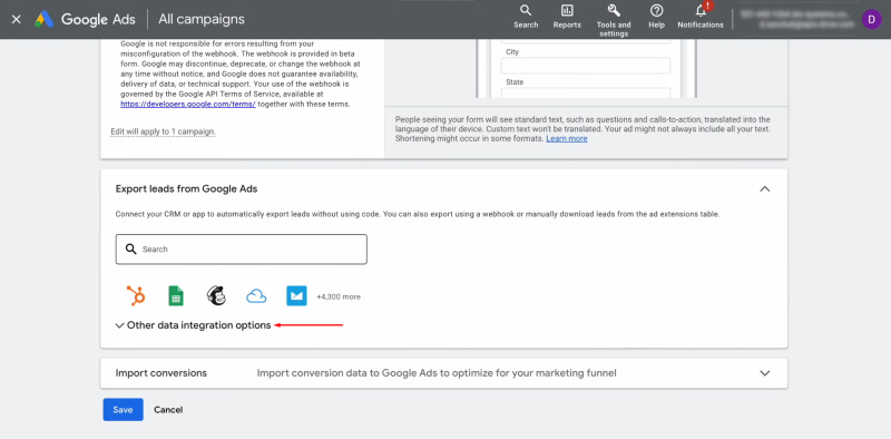 Google Ads Lead Form and Vbout integration | Go to the “Other data integration options” tab