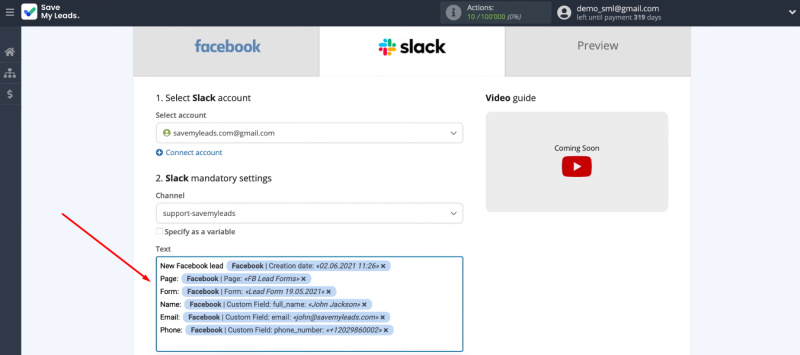 Facebook and Slack integration | A message