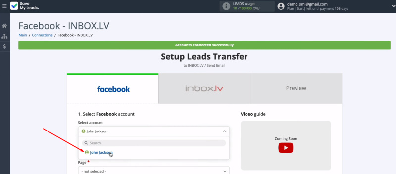 Facebook and INBOX.LV integration | Select account