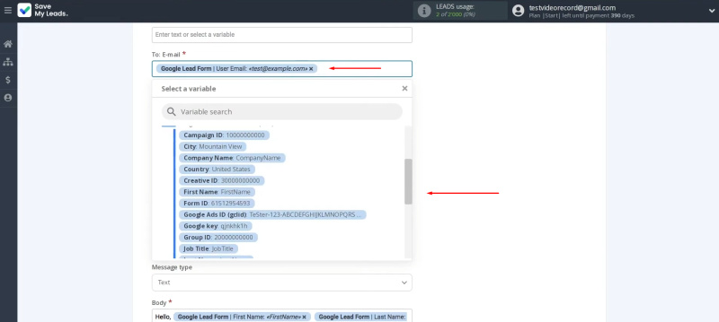 Google Lead Form and Gmail integration | Gmail fields where you can assign variables from the Google Lead Form