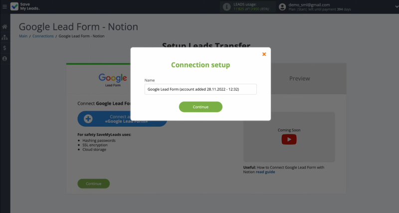 Google Ads Lead Form and Notion integration | Give a name to the connection or just click “Continue”