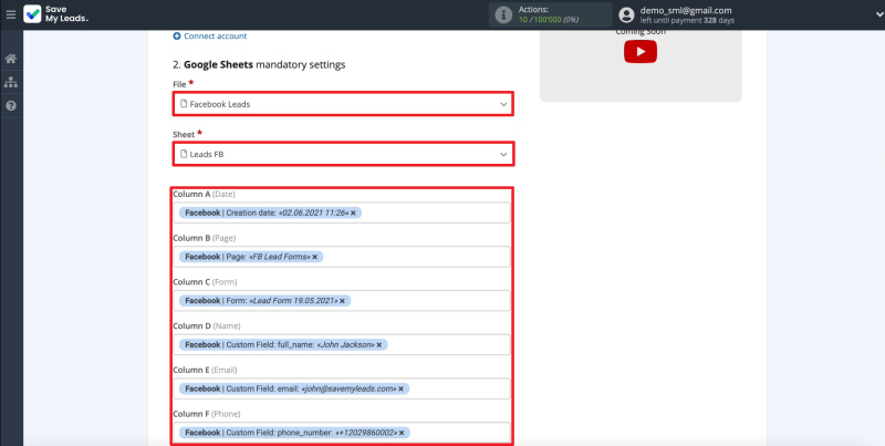 How to set up the upload of new leads from your Facebook ad account to Google Sheets | Configuring data transfer