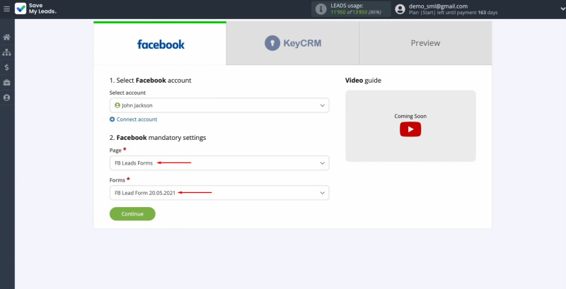 Facebook and KeyCRM integration | Select the advertising page and the form