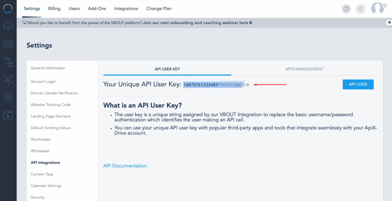 Facebook and Vbout integration | Copy the API key