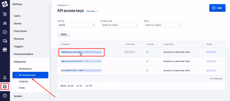 Facebook and Simla integration | Click on the active API key