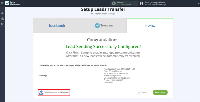 How to set up the upload of new leads from a Facebook advertising account in Telegram | Example message with lead details