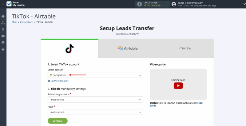 Select the connected account
