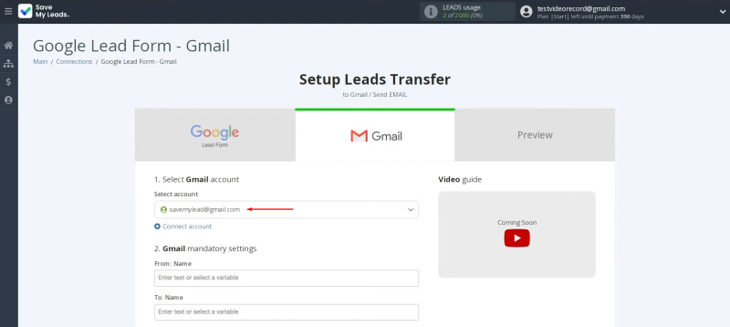 Google Lead Form and Gmail integration | Select the connected account