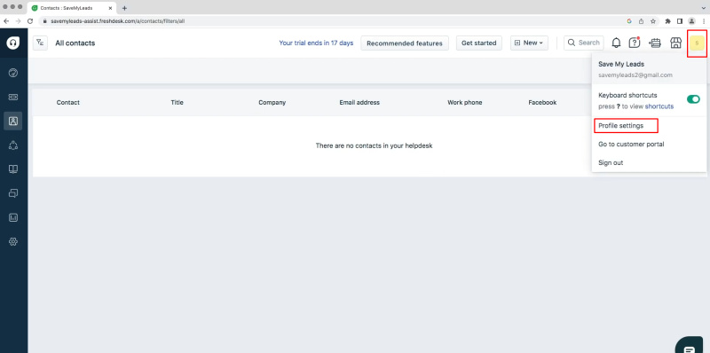 Facebook and Freshdesk integration | Go to the profile settings section
