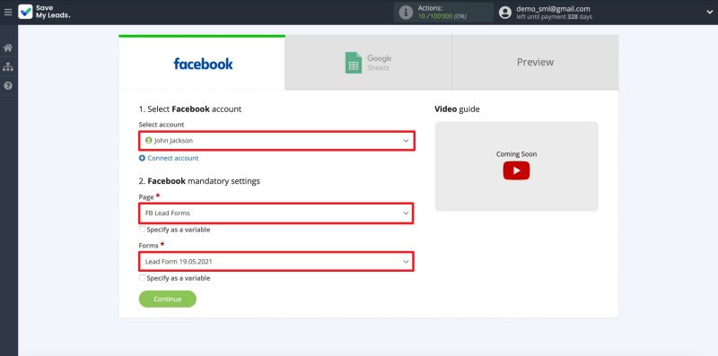 How to set up the upload of new leads from your Facebook ad account to Google Sheets |&nbsp;Connecting form