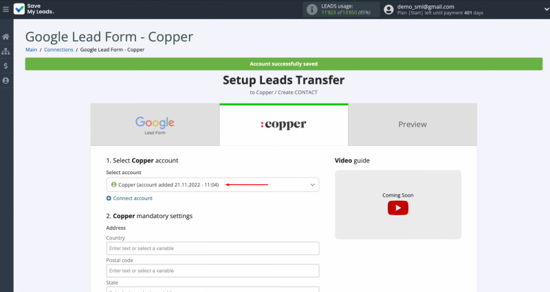 Google Lead Form and Copper integration | Select the connected account