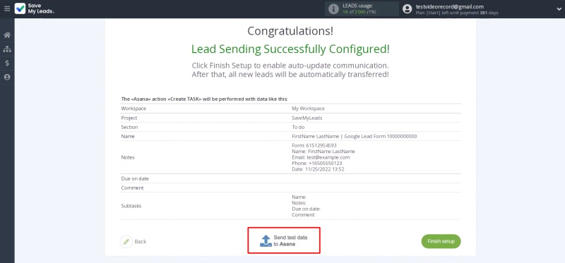 Send test data to Asana to verify the settings