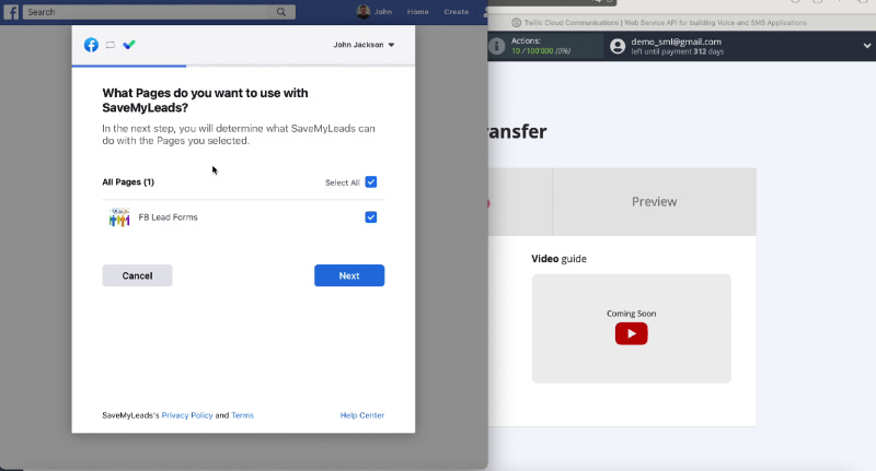 Facebook and Twilio integration | Check the boxes for promotional pages