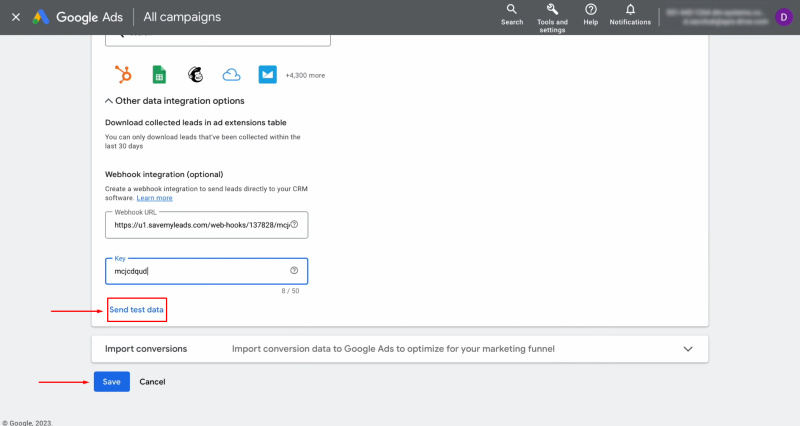 Google Lead Form and Elastic Email integration | Click "Send Test Data" and "Save"