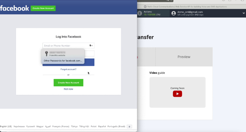 Facebook and Twilio integration | Enter login and password
