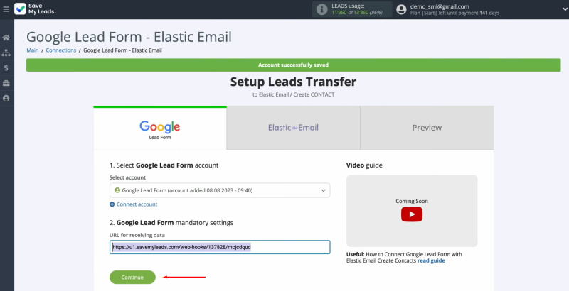 Google Lead Form and Elastic Email integration | Return to SaveMyLeads and continue setting up