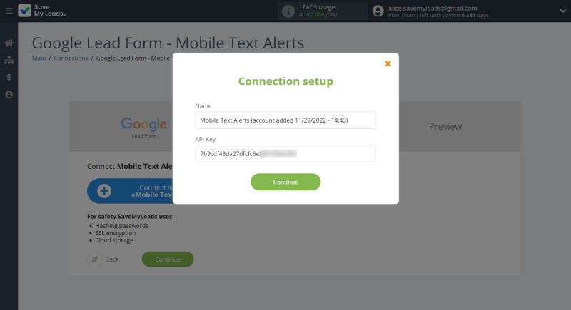 Google Lead Form and Mobile Text Alerts integration | Paste the API key into the appropriate field in SaveMyLeads