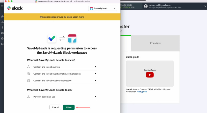 TikTok and Slack integration | Click “Allow”