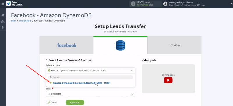 Facebook and Amazon DynamoDB integration | Select the Amazon DynamoDB account