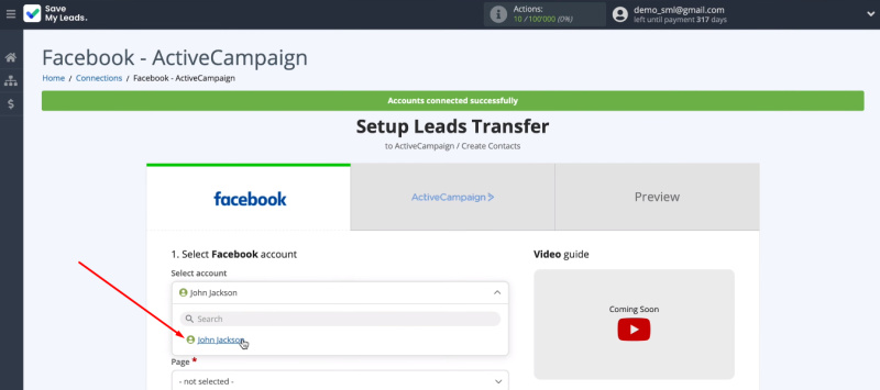 Facebook and ActiveCampaign integration | Select FB account