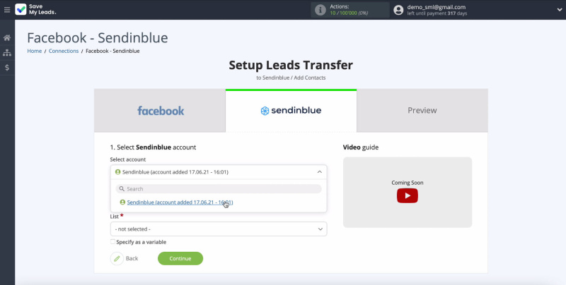 Facebook and Sendinblue integration | Select a connected account