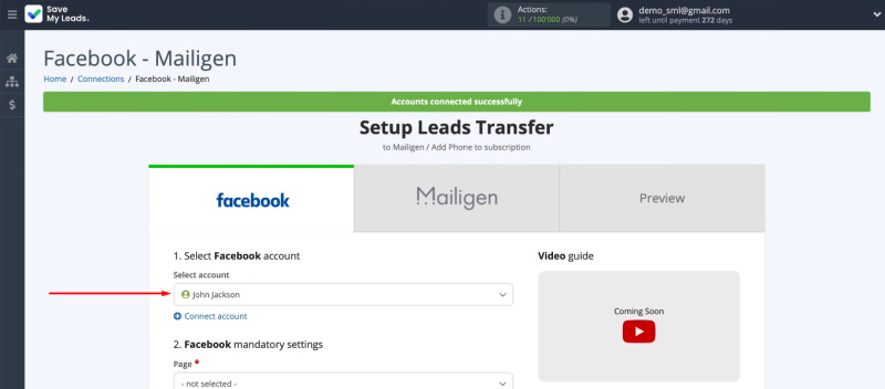 Facebook and Mailigen integration | Select the connected account