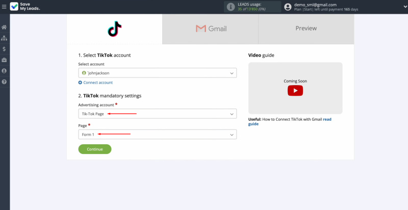 TikTok and Gmail integration | Select an advertising page and form