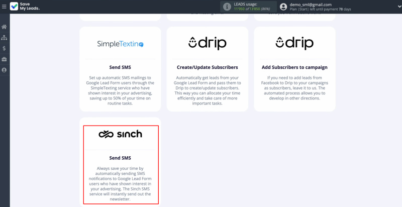 Google Lead Form and Sinch integration | Select the Sinch (Send SMS)