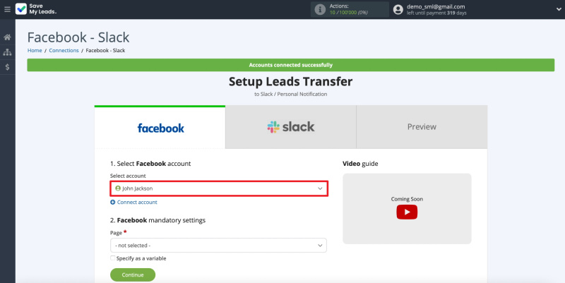 How to set up the upload of new leads from Facebook ad account to Slack private messages | Selecting our Slack account