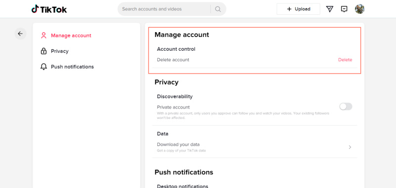 Deleting a TikTok Account | Select category Manage account