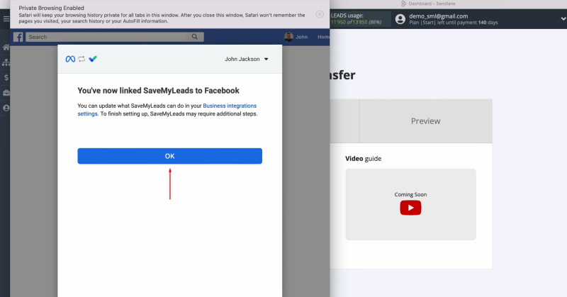 Sendlane and Facebook integration | Click “OK”