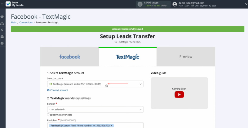 Textmagic and Facebook integration | Select the connected account