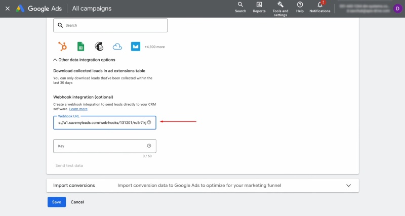 Paste the copied URL into the "Webhook" field