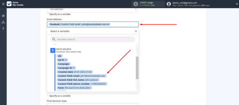 Facebook and Microsoft Dynamics 365 integration | Select the Facebook variable from the drop-down list