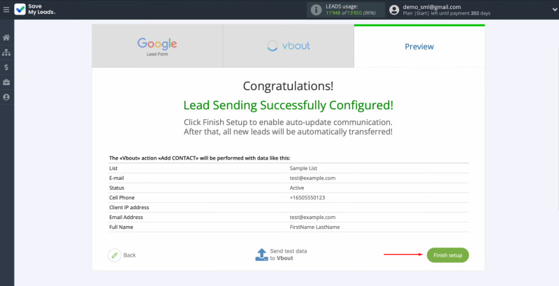 Google Ads Lead Form and Vbout integration | Click on “Finish setup”