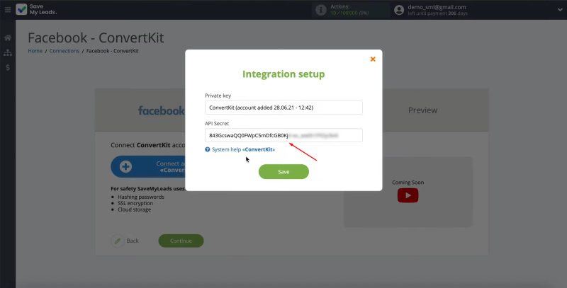 Facebook and ConvertKit integration | Paste the API secret into the field
