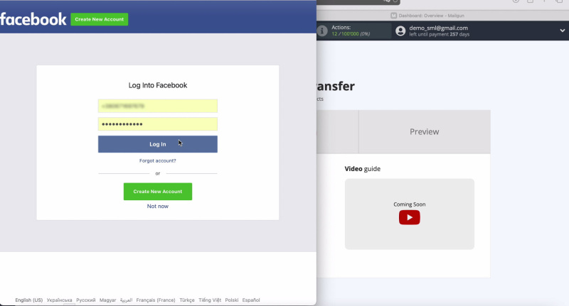 Facebook and Mailgun integration | Login and password entry window