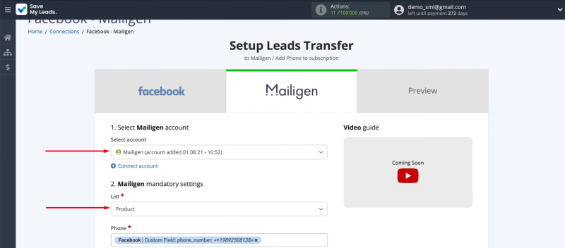 Facebook and Mailigen integration | Select the Mailigen account and the list