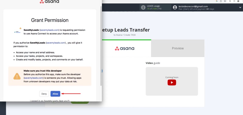 Give SaveMyLeads permission to work with your account