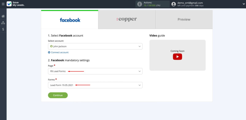Facebook and Copper integration | Select the advertising page and specify the form