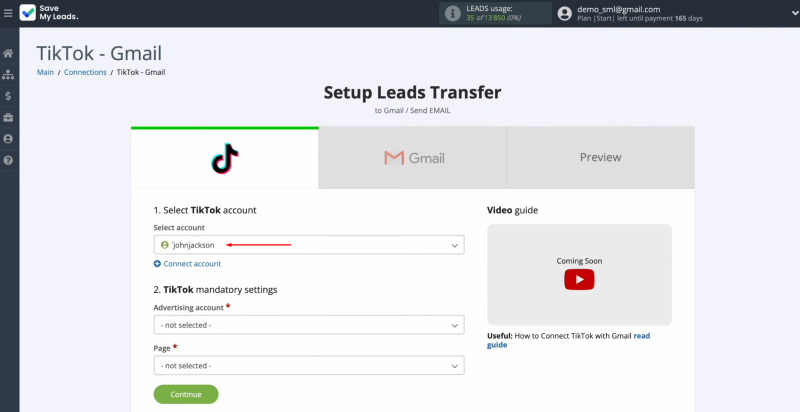 TikTok and Gmail integration | Select the connected account